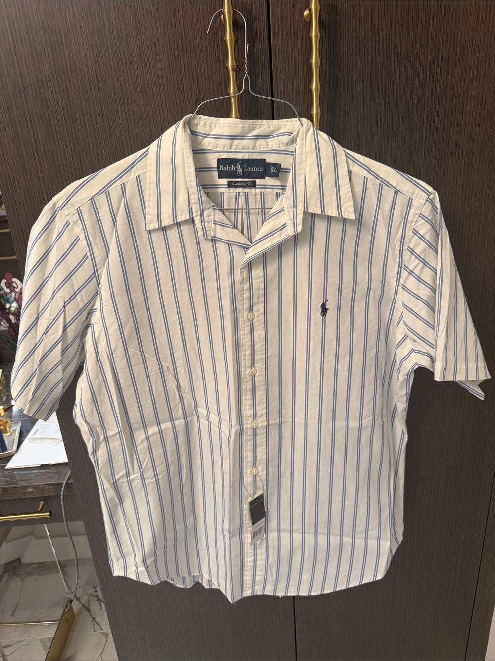 Ralph Lauren White Short-Sleeve Button-Down Shirt with Blue Pinstripes NWT